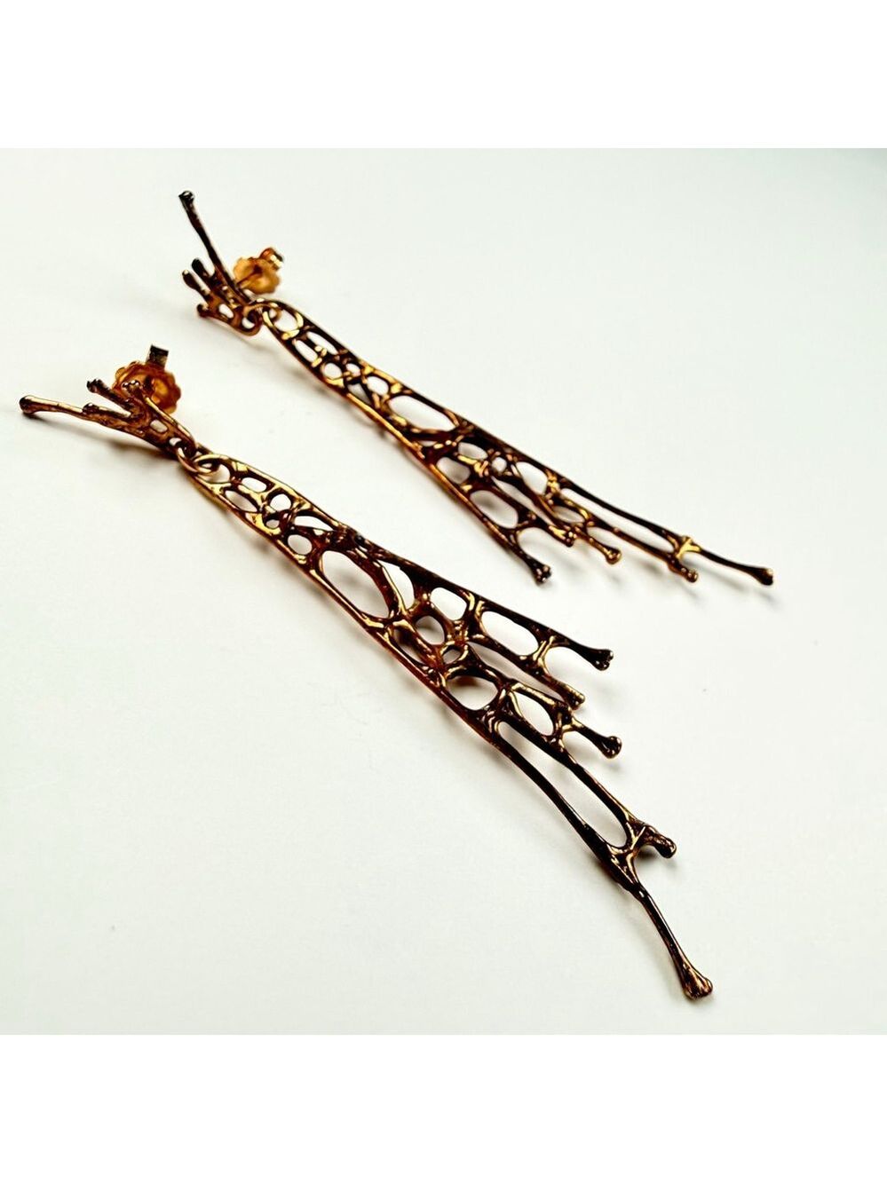 Estate 14K Solid Gold Brutalist Abstract Sculptural Web Drip 2.6" MCM Earrings - Picture 3 of 11